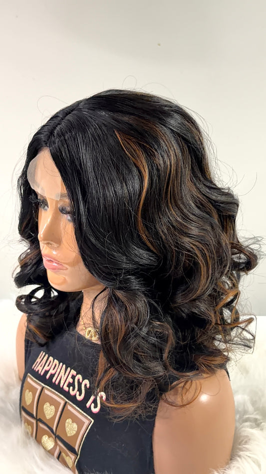 Caramel Luxe - Synthetic 16 Inch Loose Wave Wigs for Women Featuring with Big Curls, 4*1 Lace Front, Shoulder-Length, Middle Part, And Made from Synthetic Materials in Ombre Brown with Highlights And Black